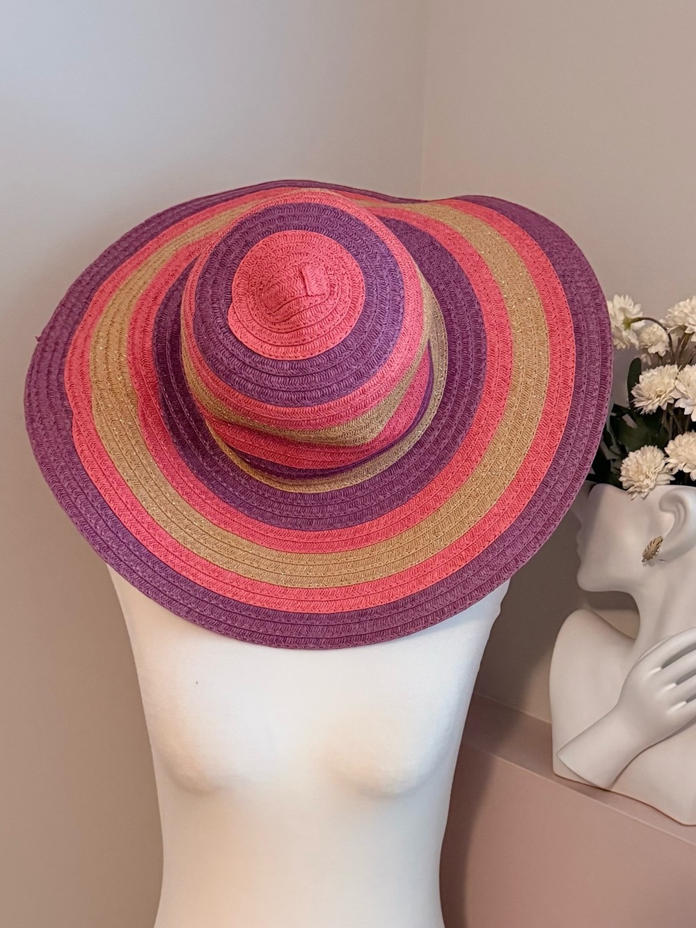 Express Women’s Wide Brim Stripe Summer Vacation Sun Hat in Pink, Purple & Tan